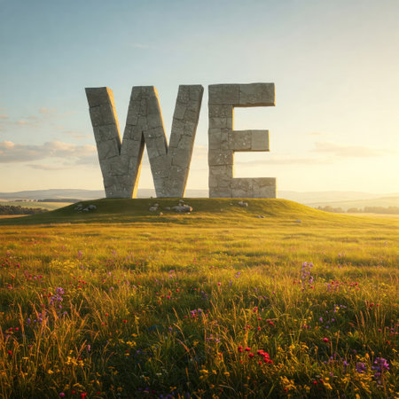 Huge stone letters WE on the background of a meadowの素材