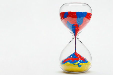 Colored paints in glass hourglass on a light background. Space for textの素材