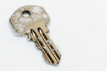 A frozen metal key on a light background. Space for textの素材