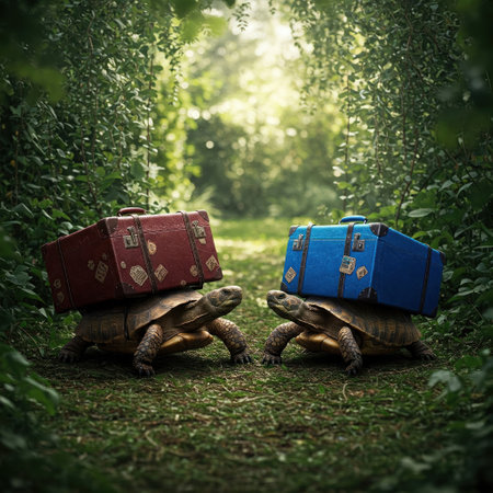 Turtles with suitcases walking along a forest pathの素材