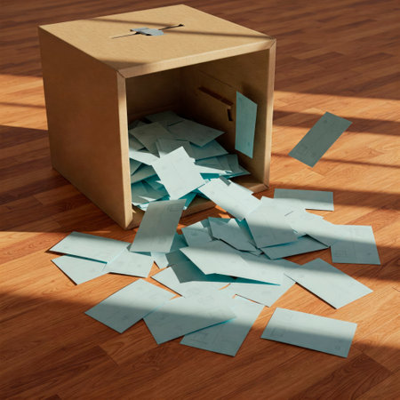 An overturned ballot box and scattered paper ballots on the floorの素材