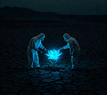 Scientists in suits study a glowing plant on the dead groundの素材