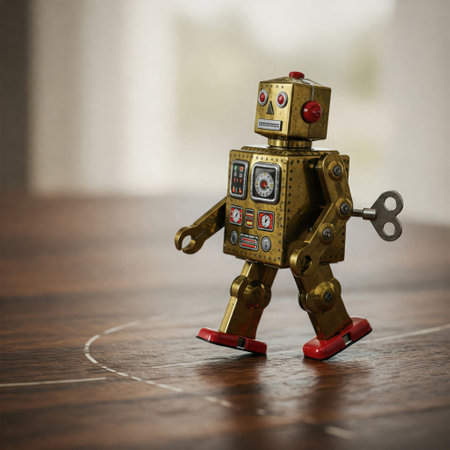 A wind-up tin robot on a wooden surfaceの素材