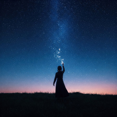 A girl touches the starry sky in a field at nightの素材