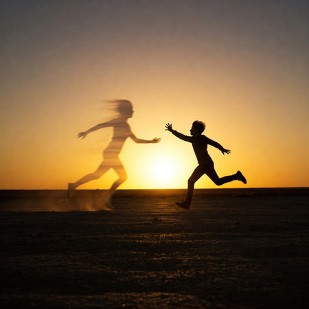 A boy runs towards the ghost of a girl at sunsetの素材