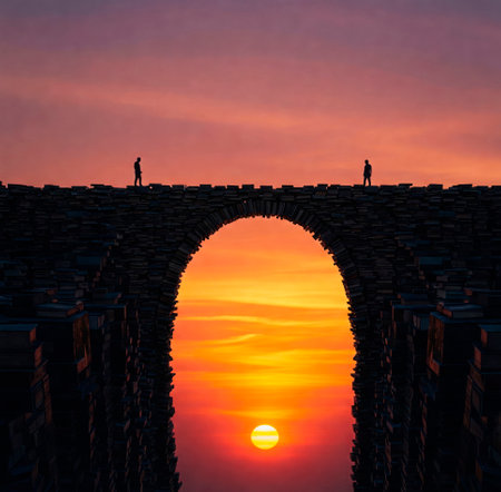 Two people walk across a bridge of books with the setting sun in the backgroundの素材