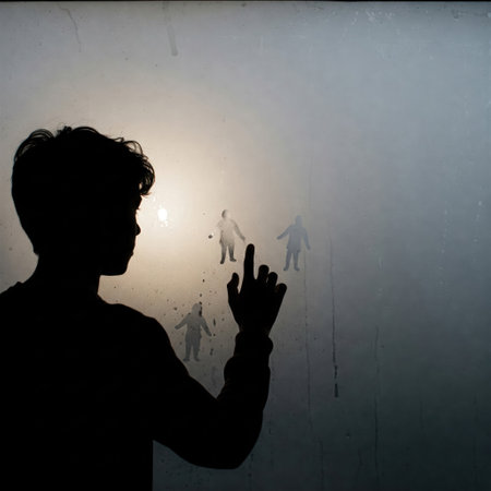 The boy draws silhouettes on the stained glass. Space for textの素材