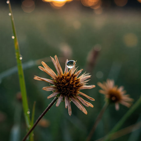 A drop of dew on the top of a dried flower in a field at dawnの素材