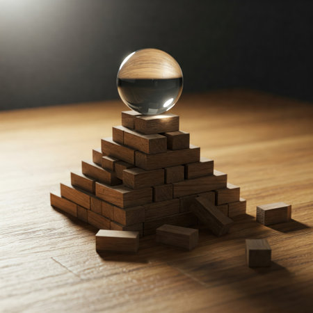 A fragile glass ball balances on a wooden pyramidの素材