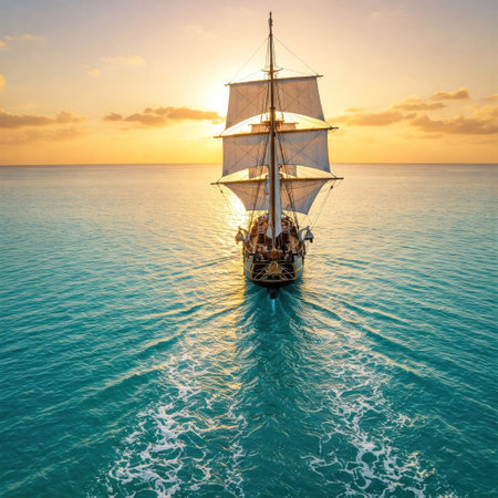 A sailing ship sails across the ocean towards the sunsetの素材