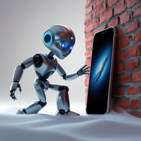 A small robot with blue eyes is exploring a smartphoneの素材