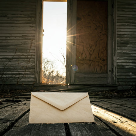 An envelope on the floor by the open door in an abandoned houseの素材