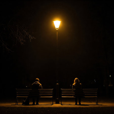 Two people on benches under a street lamp at nightの素材