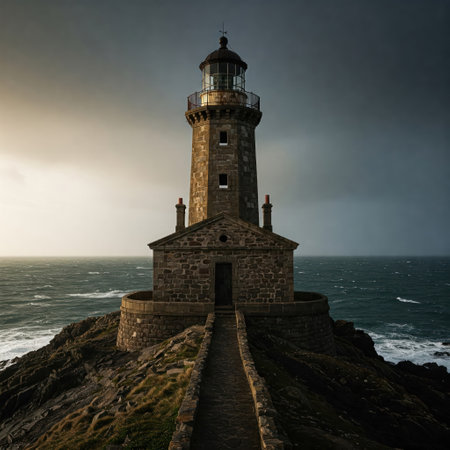 Stone lighthouse on a rock in stormy weather by the oceanの素材
