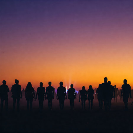 A crowd of people at dusk is moving towards a light sourceの素材