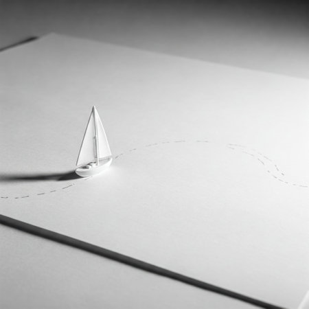 Glass yacht on paper with a dotted route. Space for textの素材