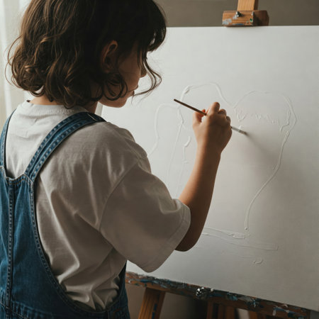 The child draws with a brush on the canvas with white linesの素材