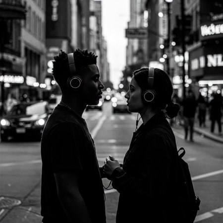 Couple in headphones looking at each other on the street of the cityの素材