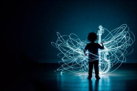 A child creates light music in the dark. Space for textの素材