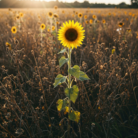 A lonely sunflower against the background of a fading fieldの素材