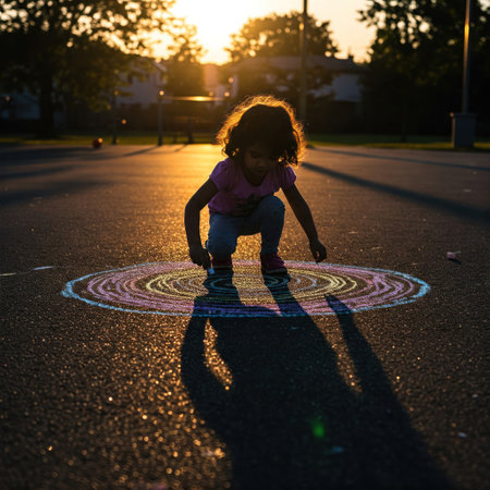 A girl draws circles on the asphalt with crayons at sunsetの素材