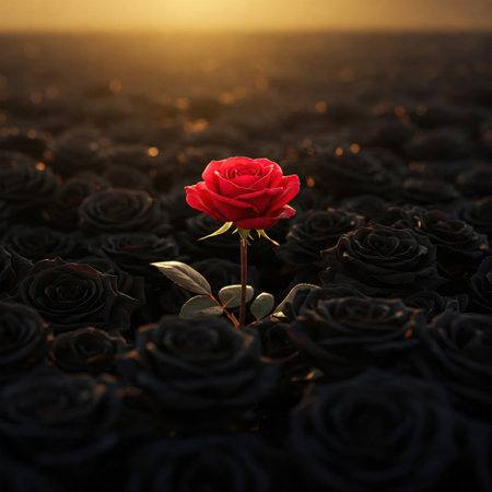 One red rose among many black roses in the rays of the sunsetの素材