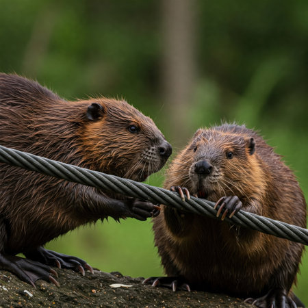 Two beavers sit on a log and hold on to a metal cableの素材