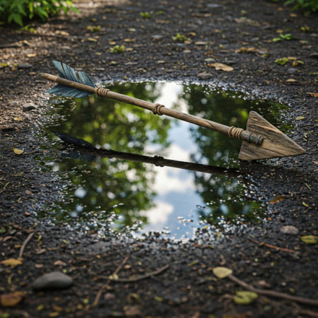 An arrow with feathers lies above a puddle with a reflection of the skyの素材