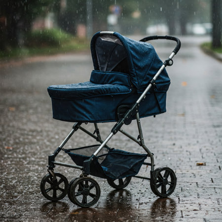 Baby stroller in the rain on an empty streetの素材