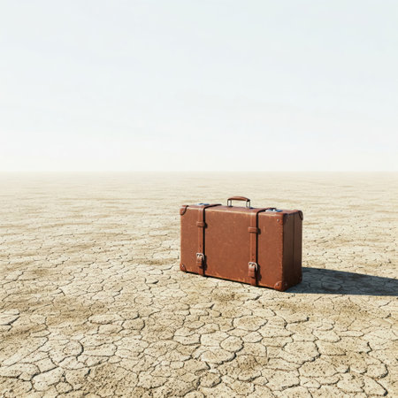 A lonely suitcase on the dry, cracked groundの素材