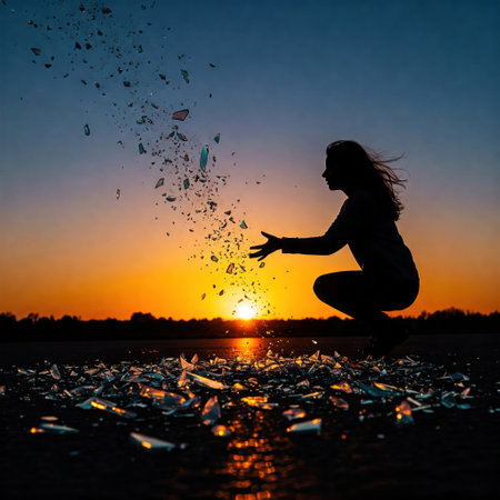 A girl throws shards of glass into the air against the background of the sunsetの素材