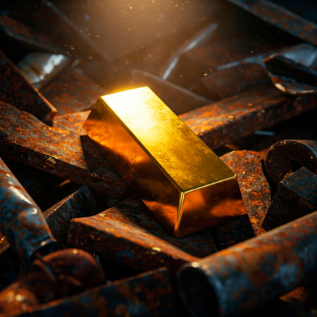 A gold bar against a background of rusty scrap metalの素材