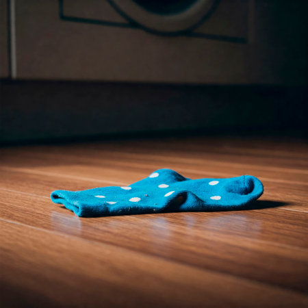 A lone sock lies on the floor next to the washing machineの素材