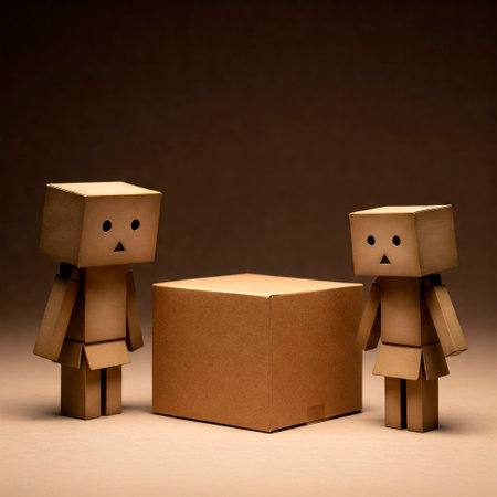 Two cardboard figures stand next to the boxの素材