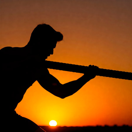 Silhouette of a man with a rope against the background of the sunsetの素材