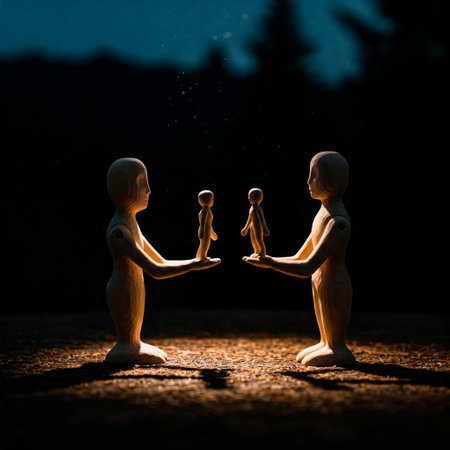 Wooden figures pass small dolls to each otherの素材