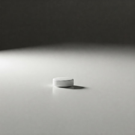 One white tablet on a light surfaceの素材