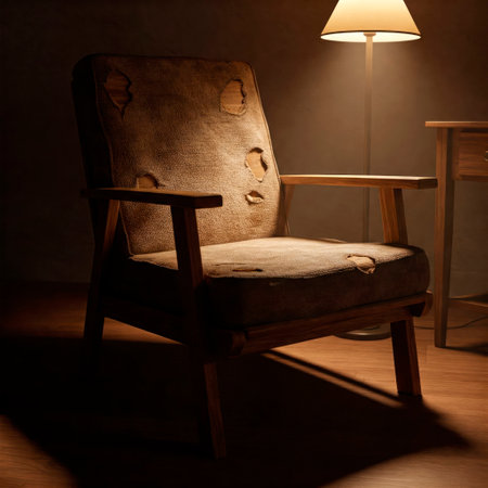 An antique armchair with scuffs next to a lampの素材