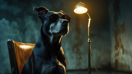 A black dog with glasses under a lamp in a dark roomの素材