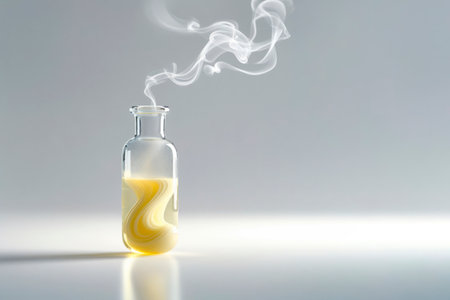 A glass bottle with smoke and yellow liquid. Space for textの素材