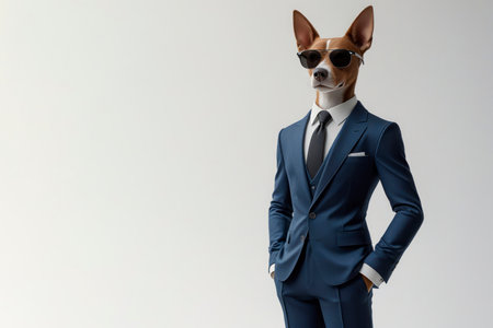 Stylish dog in blue suit and sunglasses. Space for textの素材