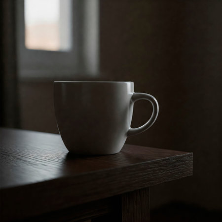 A white ceramic mug on a wooden table by the windowの素材