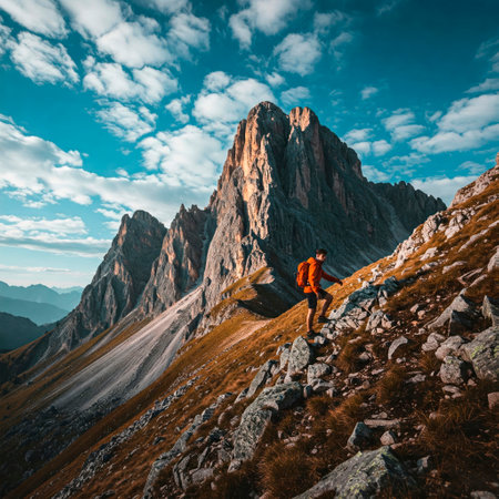 A man with a backpack climbs a mountain in clear weatherの素材