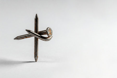Rusty nails, one curved, in the shape of a cross. Space for textの素材