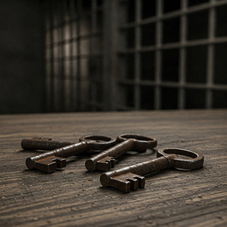 Three antique keys on a wooden table by the barsの素材