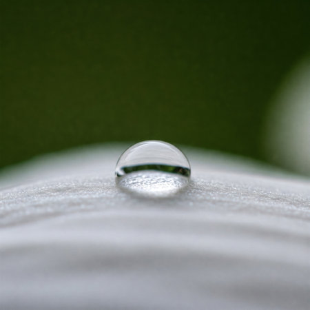 A drop of water on a surface with a blurred green backgroundの素材