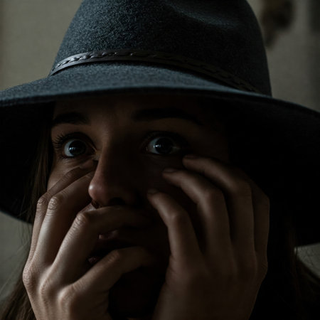 A woman wearing a hat with a frightened expression on her faceの素材