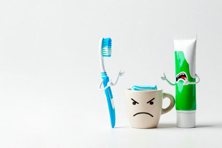 Toothpaste and a brush argue with an angry cup. Space for textの素材