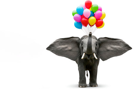 The elephant holds a bunch of balloons with its trunk. Space for textの素材