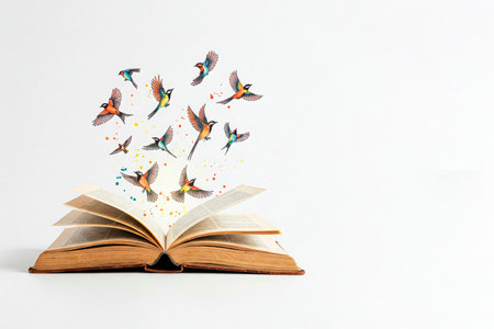 Birds fly out of an open book on a light background. Space for textの素材